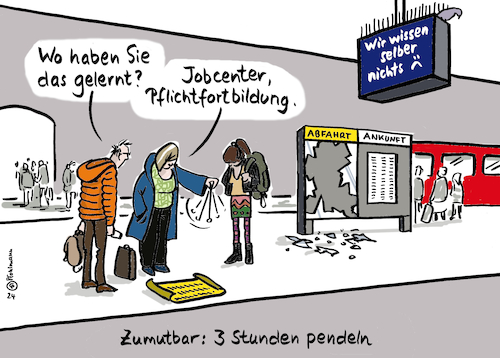 Cartoon: 3 Std. pendeln (medium) by Pfohlmann tagged jobcenter,pendler,pendeln,bürgergeld,bahn,db,bahnhof,fahrgäste,arbeitsweg,arbeit,pendel,verspätungen,esoterik,fortbildung,weiterbildung,jobcenter,pendler,pendeln,bürgergeld,bahn,db,bahnhof,fahrgäste,arbeitsweg,arbeit,pendel,verspätungen,esoterik,fortbildung,weiterbildung