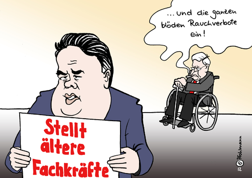 Cartoon: Ältere Fachkraft (medium) by Pfohlmann tagged karikatur,cartoon,color,farbe,2012,deutschland,spd,sozialdemokraten,helmut,schmidt,rente,67,gabriel,partei,parteivorsitzender,rentenpolitik,rentenkürzung,rentenreform,ältere,alter,arbeitnehmer,altersvorsorge,fachkräfte,fachkräftemangel,fachkraft,rauchen,rauchverbot,nichtraucher,nichtraucherschutz,raucher,karikatur,cartoon,color,farbe,2012,deutschland,spd,sozialdemokraten,helmut,schmidt,rente,67,gabriel,partei,parteivorsitzender,rentenpolitik,rentenkürzung,rentenreform,ältere,alter,arbeitnehmer,altersvorsorge,fachkräfte,fachkräftemangel,fachkraft,rauchen,rauchverbot,nichtraucher,nichtraucherschutz,raucher