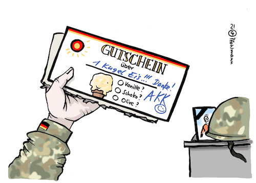 Cartoon: AKK sagt Danke (medium) by Pfohlmann tagged akk,kramp,karrenbauer,verteidigungsministerin,bundeswehr,afghanistan,auslandseinsatz,militär,armee,truppe,danke,gutschein,eis,soldaten,verteidigung,hindukusch,akk,kramp,karrenbauer,verteidigungsministerin,bundeswehr,afghanistan,auslandseinsatz,militär,armee,truppe,danke,gutschein,eis,soldaten,verteidigung,hindukusch