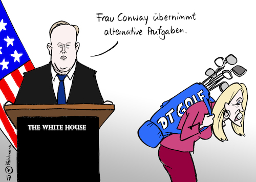 Cartoon: Alternative Aufgaben (medium) by Pfohlmann tagged karikatur,cartoon,2017,color,farbe,usa,conway,sprecherin,trump,spicer,sprecher,pressesprecher,ethikkommission,ethikausschuss,werbung,ivanka,interessenkonflikt,golf,alternative,aufgabe,karikatur,cartoon,2017,color,farbe,usa,conway,sprecherin,trump,spicer,sprecher,pressesprecher,ethikkommission,ethikausschuss,werbung,ivanka,interessenkonflikt,golf,alternative,aufgabe