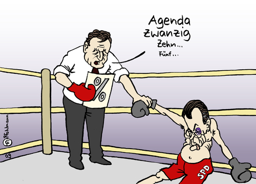 Cartoon: angezählt (medium) by Pfohlmann tagged schröder,müntefering,bundestagswahl,spd,boxen,boxkampf,ko,knockout,agenda,2010,gerhard schröder,franz müntefering,bundestagswahl,wahl,wahlen,verlieren,spd,boxen,boxkampf,agenda,knockout,gerhard,schröder,franz,müntefering