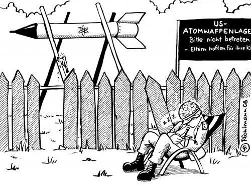 Cartoon: Atomwaffenlager (medium) by Pfohlmann tagged atomwaffen,us,army,armee,militär,atomwaffen,waffen,vernichtungswaffen,us,amerika,armee,militär,krieg,ausrüstung,austattung,soldaten,schlafen,einschlafen,nickerchen,pause,achtsamkeit,verantwortung,gefahr,gefährlich,sicherheit,warnung,verbot,verboten,eltern,kinder,haftung,haften,sperrgebiet,gebiet