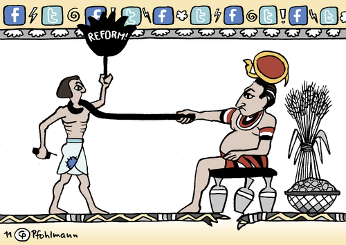 Cartoon: Aufstand in Ägypten (medium) by Pfohlmann tagged ägypten,egypt,aufstand,demo,demonstration,protest,proteste,mubarak,facebook,twitter,arbeitslosigkeit,unterdrückung,menschenrechte,demokratie,internet,ägypten,unruhen,protest,regierung,mubarak,herrschaft,demokratie,revolution,tunsien,polizei,facebook,kommunikation,internet