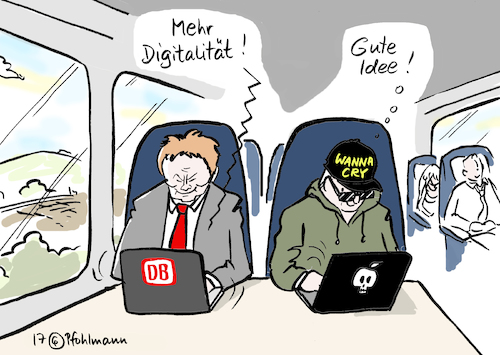 Cartoon: Bahn noch digitaler! (medium) by Pfohlmann tagged karikatur,cartoon,2017,color,farbe,deutschland,bahn,deutsche,vorsitzender,vorstand,digitalisierung,digitalität,fahrschein,abschaffen,abschaffung,digital,vernetzung,hacker,ransomware,schadsoftware,anzeigetafeln,abhängigkeit,internet,global,weltweit,angriff,laptop,computer,gute,idee,lutz,bahnvorstand,wanna,cry,windows,microsoft,karikatur,cartoon,2017,color,farbe,deutschland,bahn,deutsche,vorsitzender,vorstand,digitalisierung,digitalität,fahrschein,abschaffen,abschaffung,digital,vernetzung,hacker,ransomware,schadsoftware,anzeigetafeln,abhängigkeit,internet,global,weltweit,angriff,laptop,computer,gute,idee,lutz,bahnvorstand,wanna,cry,windows,microsoft