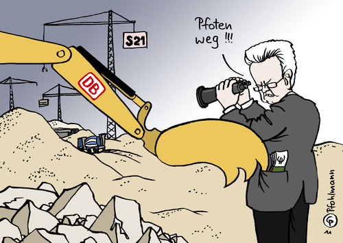 Cartoon: Baustellenbeobachter (medium) by Pfohlmann tagged kretschmann,21,stuttgart,deutschland,2011,farbe,color,karikatur,grüne,bahnhof,hauptbahnhof,db,bahn,volksabstimmung,beobachtung,fernglas,baustelle,bagger,baggerschaufel,geld,finanzierung,landesregierung,baden,württemberg,volksentscheid,deutschland,stuttgart 21,hauptbahnhof,db,bahn,stuttgart,21