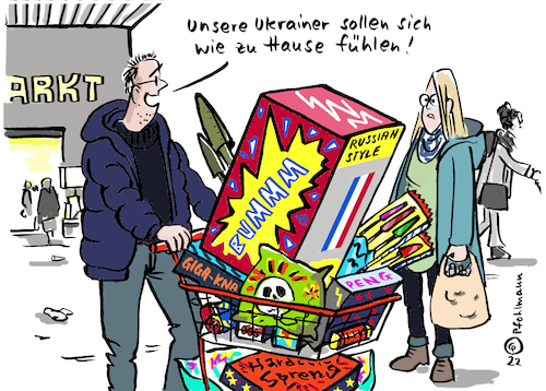 Cartoon: Böller für Ukrainer (medium) by Pfohlmann tagged silvester,böller,feuerwerk,raketen,bomben,russland,krieg,ukraine,ukrainer,flucht,geflüchtete,flüchtlinge,deutschland,gastgeber,heimat,explosionen,trauma,psyche,empathie,lärm,umwelt,idiot,silvester,böller,feuerwerk,raketen,bomben,russland,krieg,ukraine,ukrainer,flucht,geflüchtete,flüchtlinge,deutschland,gastgeber,heimat,explosionen,trauma,psyche,empathie,lärm,umwelt,idiot
