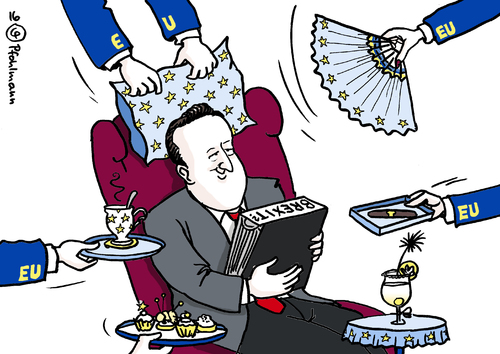 Cartoon: Cameron verwöhnen (medium) by Pfohlmann tagged karikatur,cartoon,2016,color,farbe,eu,großbritannien,cameron,reformen,reform,brexit,abstimmung,volksabstimmung,austritt,europäische,union,david,entgegenkommen,tee,gebäck,zigarre,kissen,kopfkissen,fächer,cocktail,karikatur,cartoon,2016,color,farbe,eu,großbritannien,cameron,reformen,reform,brexit,abstimmung,volksabstimmung,austritt,europäische,union,david,entgegenkommen,tee,gebäck,zigarre,kissen,kopfkissen,fächer,cocktail