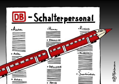 Cartoon: DB-Rotstift (medium) by Pfohlmann tagged karikatur,color,farbe,deutschland,bahn,db,personal,streichung,rotstift,zug,regionalzug,regionalexpress,sparen,sparmaßnahmen,einsparung,stellen,stellenabbau,internet,fahrkarten,fahrschein,ticket,liste,bahnhof,bahnhöfe,deutschland,bahn,db,personal,streichung,rotstift,zug,regionalzug,regionalexpress,sparen,sparmaßnahmen,einsparung,stellen,fahrkarten,bahnhof