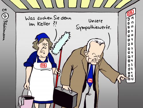 Cartoon: DB Sympathiewerte (medium) by Pfohlmann tagged db,deutsche,bahn,grube,vorstand,vorstandsvorsitzender,sympathie,sympathiewerte,image,tower,aufzug,fahrstuhl,keller