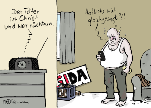 Cartoon: Der Täter war (medium) by Pfohlmann tagged 2019,deutschland,frankfurt,verbrechen,mord,bahnhof,hbf,junge,tötung,afrikaner,eritreer,ausländer,migrant,pegida,vorurteil,urteil,reflix,medien,handy,twitter,facebook,alkohol,nüchtern,christ,religion,2019,deutschland,frankfurt,verbrechen,mord,bahnhof,hbf,junge,tötung,afrikaner,eritreer,ausländer,migrant,pegida,vorurteil,urteil,reflix,medien,handy,twitter,facebook,alkohol,nüchtern,christ,religion