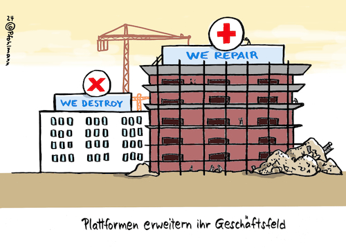 Cartoon: Destroy Repair (medium) by Pfohlmann tagged internet,plattformen,meta,facebook,instagram,tiktok,youtube,twitter,hass,hetze,hatespeech,geschäftsmodell,destroy,repair,demokratie,meinung,kommunikation,gesellschaft,spaltung,polarisierung,algorithmus,gewinne,profit,boom,zerstörung,medizin,zerstören,reparieren,internet,plattformen,meta,facebook,instagram,tiktok,youtube,twitter,hass,hetze,hatespeech,geschäftsmodell,destroy,repair,demokratie,meinung,kommunikation,gesellschaft,spaltung,polarisierung,algorithmus,gewinne,profit,boom,zerstörung,medizin,zerstören,reparieren