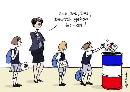 Cartoon: Deutsch ins Fass (medium) by Pfohlmann tagged karikatur,cartoon,2015,color,farbe,frankreich,deutsch,deutschunterricht,sprache,sprachunterricht,kürzen,kürzung,bildungsministerin,schule,schüler,fass,der,die,das,karikatur,cartoon,2015,color,farbe,frankreich,deutsch,deutschunterricht,sprache,sprachunterricht,kürzen,kürzung,bildungsministerin,schule,schüler,fass,der,die,das