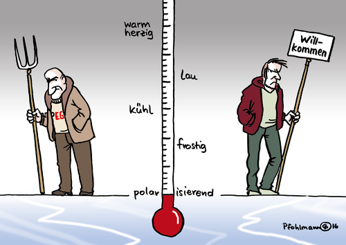 Cartoon: Deutschland wird kälter (medium) by Pfohlmann tagged karikatur,cartoon,2016,color,farbe,deutschland,flüchtlinge,kälte,winter,temperatur,wintereinbruch,frostig,kühl,polar,polarisierend,thermometer,spaltung,bevölkerung,feindseligkeit,asylbewerber,willkommen,mistgabel,lügenpresse,pegida,willkommenskultur,helfer,gutmensch,atmosphäre,aggression,karikatur,cartoon,2016,color,farbe,deutschland,flüchtlinge,kälte,winter,temperatur,wintereinbruch,frostig,kühl,polar,polarisierend,thermometer,spaltung,bevölkerung,feindseligkeit,asylbewerber,willkommen,mistgabel,lügenpresse,pegida,willkommenskultur,helfer,gutmensch,atmosphäre,aggression