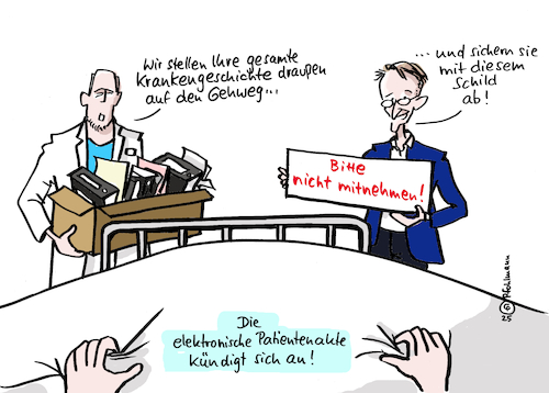 Cartoon: Die ePA kommt bald! (medium) by Pfohlmann tagged elektronische,patientenakte,epa,krankheit,gesundheitsdaten,krankengeschichte,digitalisierung,ccc,hacker,datensicherheit,cyberattacke,cybersicherheit,sicherheitslücken,datenschutz,schweigepflicht,arzt,ärzte,gesundheitsminister,it,gematik,modellversuch,datenmissbrauch,chaoscomputerclub,elektronische,patientenakte,epa,krankheit,gesundheitsdaten,krankengeschichte,digitalisierung,ccc,hacker,datensicherheit,cyberattacke,cybersicherheit,sicherheitslücken,datenschutz,schweigepflicht,arzt,ärzte,gesundheitsminister,it,gematik,modellversuch,datenmissbrauch,chaoscomputerclub