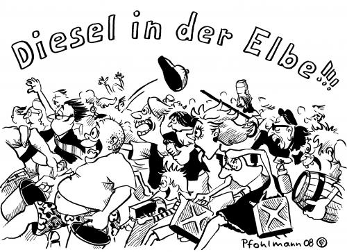 Cartoon: DIESEL IN DER ELBE!!! (medium) by Pfohlmann tagged diesel,sprit,elbe,spritpreis,diesel,sprit,elbe,spritpreis,öl,knappheit,mangel,alternativenergie,regenerative energie,havarie,grundlauf,schiff,tankerschiff,umweltverschmutzung,ölteppich,unfall,fluss,wasserschutzpolizei,naturschutzgebiet,ölpest