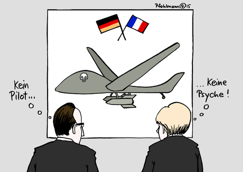 Cartoon: Drohne ohne (medium) by Pfohlmann tagged karikatur,cartoon,2015,color,farbe,deutschland,frankreich,hollande,merkel,bundeskanzlerin,drohne,projekt,deutsch,französisch,kampfdrohne,pilot,psyche,flugzeugabsturz,suizid,selbstmord,gewissen,krieg,bomben,waffen,töten,skrupel,karikatur,cartoon,2015,color,farbe,deutschland,frankreich,hollande,merkel,bundeskanzlerin,drohne,projekt,deutsch,französisch,kampfdrohne,pilot,psyche,flugzeugabsturz,suizid,selbstmord,gewissen,krieg,bomben,waffen,töten,skrupel