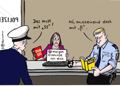 Cartoon: Drohung Anzeige (medium) by Pfohlmann tagged polizei,internet,social,media,facebook,twitter,ärztin,selbstmord,suizid,hatespeach,rechtsextremismus,hass,hetze,drohung,beleidigung,online,querdenken,querdenker,plattform,forum,gesetz,demokratie,frauen,rassismus,impfgegner,radikalisierung,aggression,polizei,internet,social,media,facebook,twitter,ärztin,selbstmord,suizid,hatespeach,rechtsextremismus,hass,hetze,drohung,beleidigung,online,querdenken,querdenker,plattform,forum,gesetz,demokratie,frauen,rassismus,impfgegner,radikalisierung,aggression