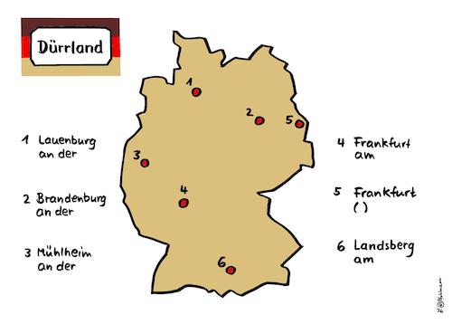 Cartoon: Dürrland (medium) by Pfohlmann tagged hitzewelle,trockenheit,dürre,flüsse,deutschland,dürrland,städtenamen,pegelstände,schifffahrt,binnenschifffahrt,wirtschaft,umwelt,klimakrise,wassermangel,klimawandel,landkarte,lauenburg,mühlheim,frankfurt,brandenburg,landsberg,elbe,ruhr,main,oder,lech,havel,hitzewelle,trockenheit,dürre,flüsse,deutschland,dürrland,städtenamen,pegelstände,schifffahrt,binnenschifffahrt,wirtschaft,umwelt,klimakrise,wassermangel,klimawandel,landkarte,lauenburg,mühlheim,frankfurt,brandenburg,landsberg,elbe,ruhr,main,oder,lech,havel