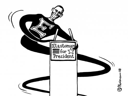 Cartoon: Elastoman (medium) by Pfohlmann tagged obama,usa,wahlkampf,präsident,obama,barak,usa,wahlkampf,präsident,demokratie,liberal,plastikmann,superheld,elastik,dehnbar,gummi,schwung,biegen,flipflop,doppelstandard,hillary clinton,rede,podest,hillary,clinton