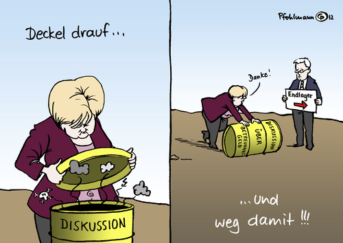 Cartoon: Endlager (medium) by Pfohlmann tagged karikatur,color,farbe,2012,deutschland,betreuungsgeld,diskussion,widerstand,union,koalition,merkel,machtwort,bundeskanzlerin,zusage,endlager,atomares,röttgen,fass,atommüll,2012,deutschland,betreuungsgeld,diskussion,widerstand,union,koalition,merkel,machtwort,bundeskanzlerin,endlager,röttgen,atomares,atommüll