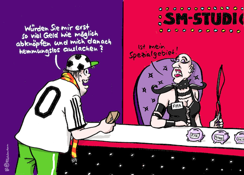 Cartoon: FIFA-SM (medium) by Pfohlmann tagged fifa,rotekarte,trump,infantino,skandal,regelwerk,fußball,weltmeisterschaft,wm,spielregeln,einfluss,präsident,mauschelei,betrug,fans,masochismus,sadismus,domina,sm,sadomaso,geld,gier,profit,kommerz,fußballverband,publikum,zuschauer,demütigung,auslachen,fifa,rotekarte,trump,infantino,skandal,regelwerk,fußball,weltmeisterschaft,wm,spielregeln,einfluss,präsident,mauschelei,betrug,fans,masochismus,sadismus,domina,sm,sadomaso,geld,gier,profit,kommerz,fußballverband,publikum,zuschauer,demütigung,auslachen