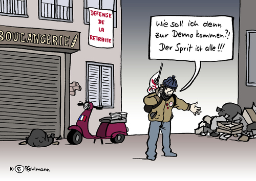 Cartoon: Französischer Protest (medium) by Pfohlmann tagged frankreich,france,demo,demonstration,rente,rentenreform,retraite,spritz,benzin,treibstoff,streik,frankreich,demo,demonstration,rente,rentenreform,retraite,spritz,benzin,treibstoff,streik,arbeit,job