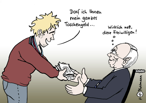 Cartoon: Freiwillig (medium) by Pfohlmann tagged karikatur,color,farbe,2012,deutschland,schäuble,finanzminister,bundesfreiwilligendienst,steuer,besteuern,taschengeld,wehrdienst,bundeswehr,soldaten,sold,freiwillig,bufdi,2012,deutschland,schäuble,bundesfreiwilligendienst,steuer,finanzminister,bundeswehr,wehrdienst