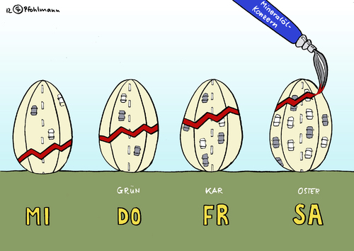 Cartoon: Frohe Ostern! (medium) by Pfohlmann tagged karikatur,color,farbe,2012,deutschland,benzinpreis,spritpreis,tanken,sprit,mineralölkonzern,eier,ostereier,ostern,osterferien,urlaub,urlaubszeit,verkehr,auto,autos,reisezeit,preissteigerung,abzocke,pinsel,malen,bemalen,2012,deutschland,benzinpreis,spritpreis,tanken,sprit,mineralölkonzern,ostereier,eier