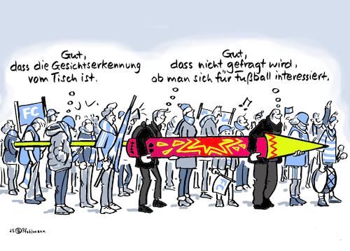 Cartoon: Fußballinteresse (medium) by Pfohlmann tagged fußball,bundesliga,sicherheit,pyrotechnik,gesichtserkennung,gewalt,fankultur,fanszene,fußballfans,stadion,krawalle,schlägereien,einlasskontrolle,überwachung,hooligans,fußball,bundesliga,sicherheit,pyrotechnik,gesichtserkennung,gewalt,fankultur,fanszene,fußballfans,stadion,krawalle,schlägereien,einlasskontrolle,überwachung,hooligans