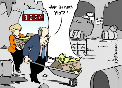 Cartoon: Giftige Papiere (medium) by Pfohlmann tagged asse,gift,giftmüll,atommüll,lager,fass,fässer,arsen,steinbrück,merkel,wertpapiere