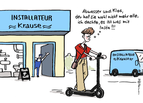 Cartoon: Insta-Azubi (medium) by Pfohlmann tagged ausbildung,azubi,fachkräftemangel,installateur,instagram,jugendliche,teenager,escooter,ausbildungsplatz,berufswahl,internet,socialmedia,ausbildung,azubi,fachkräftemangel,installateur,instagram,jugendliche,teenager,escooter,ausbildungsplatz,berufswahl,internet,socialmedia