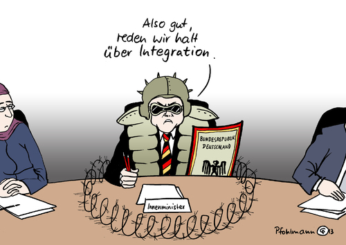 Cartoon: Integrationsfriedrich (medium) by Pfohlmann tagged karikatur,cartoon,color,farbe,2013,deutschland,innenminister,islamkonferenz,integration,friedrich,csu,terrorismus,islamfeindlichkeit,islamophobie,abgrenzung,sicherheit,innere,bedrohung,radikalisierung,islamismus,islamisten,terror,einwanderung,migration,karikatur,cartoon,color,farbe,2013,deutschland,innenminister,islamkonferenz,integration,friedrich,csu,terrorismus,islamfeindlichkeit,islamophobie,abgrenzung,sicherheit,innere,bedrohung,radikalisierung,islamismus,islamisten,terror,einwanderung,migration