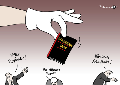 Cartoon: Integrationsstudie (medium) by Pfohlmann tagged karikatur,einwanderer,integrationsstudie,deutschland,2012,farbe,color,studie,islam,muslime,ausländer,migration,religiös,religion,jugendliche,junge,männer,befragung,untersuchung,einstellung,2012,integrationsstudie,einwanderer,migration,ausländer,muslime,befragung,untersuchung,studie,islam