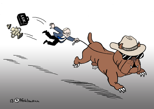 Cartoon: Junckers Geheimdienst (medium) by Pfohlmann tagged karikatur,cartoon,color,farbe,2013,luxemburg,juncker,euro,mr,geheimdienst,affäre,kampfhund,pitbull,hund,schlapphut,kontrollverlust,kontrolle,rücktritt,karikatur,cartoon,color,farbe,2013,luxemburg,juncker,euro,mr,geheimdienst,affäre,kampfhund,pitbull,hund,schlapphut,kontrollverlust,kontrolle,rücktritt