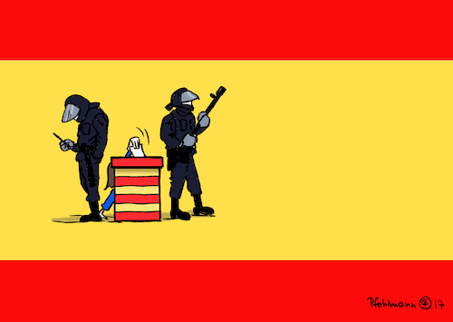 Cartoon: Katalonien Abstimmung (medium) by Pfohlmann tagged karikatur,cartoon,color,farbe,2017,spanien,katalonien,unabhängigkeit,abstimmung,referendum,polizei,bewachung,bewacher,wahllokal,urne,verfassung,sicherheitskräfte,verbot,karikatur,cartoon,color,farbe,2017,spanien,katalonien,unabhängigkeit,abstimmung,referendum,polizei,bewachung,bewacher,wahllokal,urne,verfassung,sicherheitskräfte,verbot