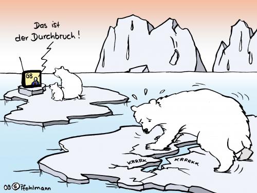 Cartoon: Klima Durchbruch (medium) by Pfohlmann tagged klimapolitik,klimakatastrophe,g8,gipfel,klimawandel,eisbär,polkappen,durchbruch