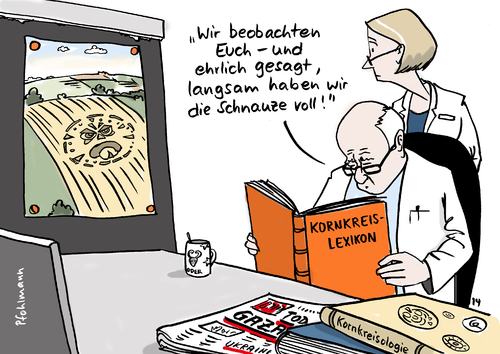 Cartoon: Kornkreisologie (medium) by Pfohlmann tagged karikatur,cartoon,color,farbe,2014,deutschland,kornkreis,wissenschaft,esoterik,außerirdische,beobachtung,beobachten,botschaft,kriege,konflikte,gaza,israel,palästinenser,ukraine,russland,gazastreifen,karikatur,cartoon,color,farbe,2014,deutschland,kornkreis,wissenschaft,esoterik,außerirdische,beobachtung,beobachten,botschaft,kriege,konflikte,gaza,israel,palästinenser,ukraine,russland,gazastreifen