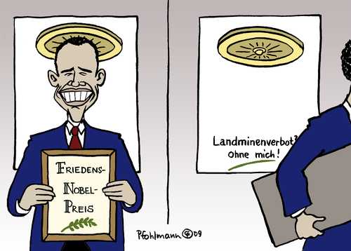 Cartoon: Landmine (medium) by Pfohlmann tagged usa,us,präsident,obama,nobelpreis,friedensnobelpreis,heiligenschein,landmine,uno,usa,us,präsident,barack obama,nobelpreis,friedensnobelpreis,heiligenschein,uno,barack,obama