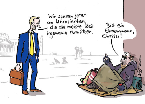 Cartoon: Lindner Ehrenmann (medium) by Pfohlmann tagged bundesregierung,ampel,haushalt,ehrenmann,lindner,fdp,armut,sparen,einsparungen,kürzungen,finanzen,finanzminister,bürgergeld,sozialpolitik,unrasiert,bart,arm,bettler,obdachlos,bundesregierung,ampel,haushalt,ehrenmann,lindner,fdp,armut,sparen,einsparungen,kürzungen,finanzen,finanzminister,bürgergeld,sozialpolitik,unrasiert,bart,arm,bettler,obdachlos