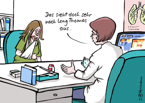 Cartoon: Long Thomas (medium) by Pfohlmann tagged long,covid,covid19,infektion,corona,coronavirus,lauterbach,krankheit,gesundheit,häusliche,gewalt,thomas,medizin,diagnose,arzt,ärztin,praxis,sprechstunde,arztpraxis,behandlung,wunden,verletzungen,beziehung,paar,abhängigkeit,chronisch,gewaltopfer,opfer,täter,long,covid,covid19,infektion,corona,coronavirus,lauterbach,krankheit,gesundheit,häusliche,gewalt,thomas,medizin,diagnose,arzt,ärztin,praxis,sprechstunde,arztpraxis,behandlung,wunden,verletzungen,beziehung,paar,abhängigkeit,chronisch,gewaltopfer,opfer,täter