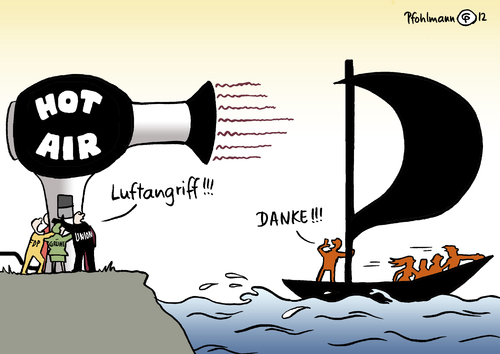 Cartoon: Luftangriff auf Piraten (medium) by Pfohlmann tagged karikatur,color,farbe,2012,deutschland,piraten,luftangriff,fön,heiße,luft,somalia,bundeswehr,parteien,etablierte,piratenpartei,logo,fahne,flagge,boot,schiff,segel,erfolg,umfragen,2012,deutschland,piraten,luftangriff,somalia,bundeswehr,parteien
