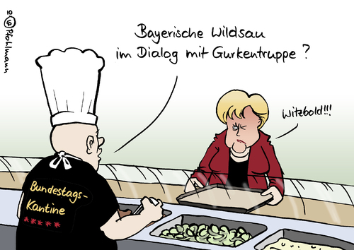 Cartoon: Mahlzeit (medium) by Pfohlmann tagged wildsau,csu,gurkentruppe,fdp,merkel,bundeskanzlerin,bundestag,kantine,koch,koalition,schwarz,gelb,regierung,streit,wildsau,csu,gurkentruppe,fdp,bundeskanzlerin,angela merkel,cdu,koalition,schwarz,gelb,regierung,streit,bundestag,angela,merkel