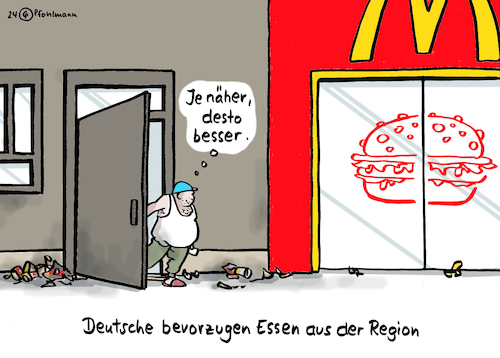 Cartoon: Möglichst regional (medium) by Pfohlmann tagged essen,nahrung,ernährung,fastfood,lebensmittel,regional,qualität,verbraucher,konsumenten,mcdonalds,burger,faulheit,bequemlichkeit,ernährungsreport,özdemir,landwirtschaftsminister,essen,nahrung,ernährung,fastfood,lebensmittel,regional,qualität,verbraucher,konsumenten,mcdonalds,burger,faulheit,bequemlichkeit,ernährungsreport,özdemir,landwirtschaftsminister