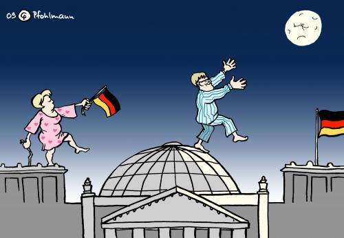 Cartoon: Mondsüchtig (medium) by Pfohlmann tagged mond,mondsüchtig,schlafwandler,union,cdu,hintze,merkel,bundeskanzlerin,raumfahrt,mondmission,deutschlandfahne,flagge,reichstag,kuppel,angela merkel,frank walter steinmeier,mond,mondsüchtig,schlafwandler,schlafwandeln,regierung,bundesregierung,wahl,wahlen,wahlkampf,raumfahrt,mondmission,angela,merkel,frank,walter,steinmeier