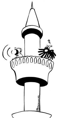 Cartoon: Muezzin (medium) by Pfohlmann tagged islam,integration,,muezzin,gebet,beten,turm,ausrufen,muslime,moslem,islam,integration,ausländer,schreien,bundesadler,rufen,adler,wappenzeichen,wappen,vogel,ignorant,ignorieren,religion,deutschland,passiv