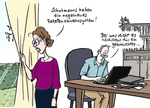 Cartoon: Nachbarraketensystem (medium) by Pfohlmann tagged nachbarn,nachbarschaft,konsum,neid,wohlstand,raketenabwehrsystem,militarisierung,krieg,kriegstüchtig,verteidigung,lebenshaltungskosten,geld,finanzen,reichtum,vermögen,sparen,sparsamkeit,kontostand,gebraucht,verbraucher,nachbarn,nachbarschaft,konsum,neid,wohlstand,raketenabwehrsystem,militarisierung,krieg,kriegstüchtig,verteidigung,lebenshaltungskosten,geld,finanzen,reichtum,vermögen,sparen,sparsamkeit,kontostand,gebraucht,verbraucher