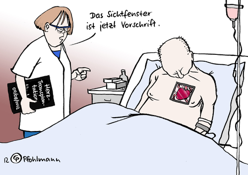 Cartoon: Organtransparenz (medium) by Pfohlmann tagged karikatur,color,farbe,2012,deutschland,transplantation,organtransplantation,organspende,medizin,skandal,transparenz,kommission,ärztekammer,gesetz,gesetzesänderung,herz,sichtfenster,fenster,patient,warteliste,arzt,ärztin,gesundheit,gesundheitspolitik,deutschland,transplantation,organtransplantation,organspende,medizin,skandal,transparenz,2012