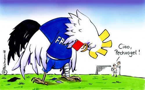 Cartoon: Pechvogel (medium) by Pfohlmann tagged euro,2008,fußball,em,frankreich,italien,pechvogel,euro2008,fußball,fussball,em,europameisterschaft,frankreich,italien,fußballplatz,pechvogel,vogel,tiere,hahn,henne,verletzung,verletzt,kopf,hängen,traurig,frustration,frustriert,pech,unglück,meisterschaft,torwart,tor,ciao,tschüss,abschied