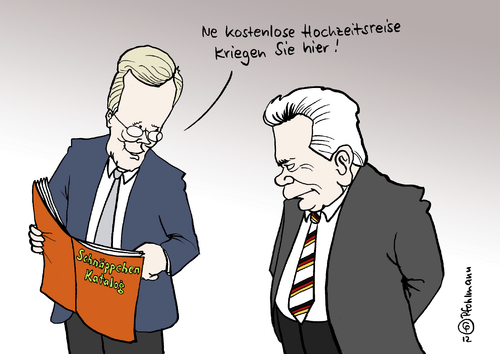 Cartoon: Präsidententipp (medium) by Pfohlmann tagged karikatur,color,farbe,2012,deutschland,bundespräsident,bundespräsidentenwahl,präsident,präsidentenwahl,gauck,wulff,amtseinführung,tipp,schnäppchen,vergünstigungen,katalog,vorgänger,exbundespräsident,übergabe,2012,deutschland,bundespräsident,gauck,wulff