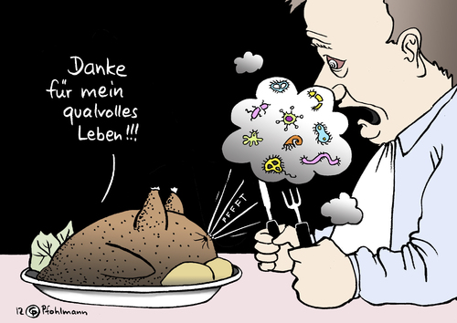 Cartoon: Qual-Hähnchen (medium) by Pfohlmann tagged karikatur,color,farbe,2012,deutschland,lebensmittel,fleisch,hähnchen,geflügel,belastung,keim,keime,antibiotika,resistenz,resistent,supermarkt,bund,naturschutz,test,labor,massentierhaltung,essen,lebensmittelskandal,rache,qual,qualvoll,tierschutz,gesundheit,2012,deutschland,lebensmittel,fleisch,hähnchen,geflügel,belastung,keim,keime,resistenz,supermarkt,antibiotika,lebensmittelskandal,massentierhaltung,huhn,hühner,gesundheit